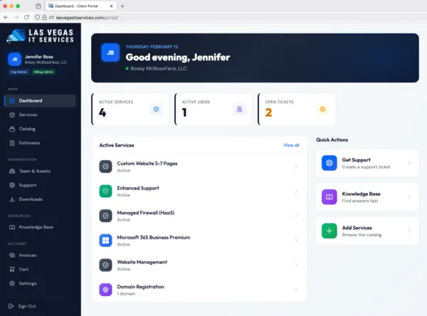 Las Vegas IT Services client portal dashboard showing tickets, services, and billing